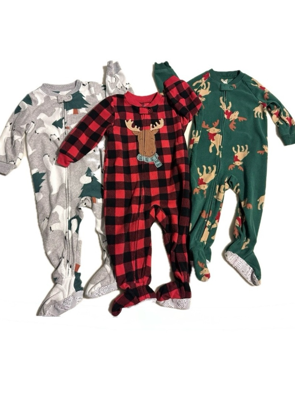 Carter’s 12M Fleece Footed PJs Winter Set of 3 Buffalo Plaid Moose Bear Winter
